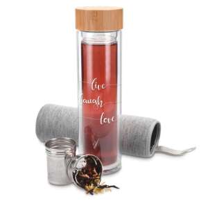 Navaris glass tea bottle with infuser, 500 ml, with bamboo lid and neoprene sleeve, live laugh love inscription - Navaris