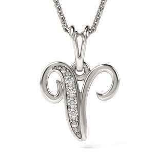 Сребърен колие с висулка с инициал V, сребро 925, с диамантени акценти - Дамско колие