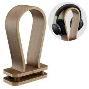 Navaris walnut wood headphone stand with cable tidy, angled view - Navaris