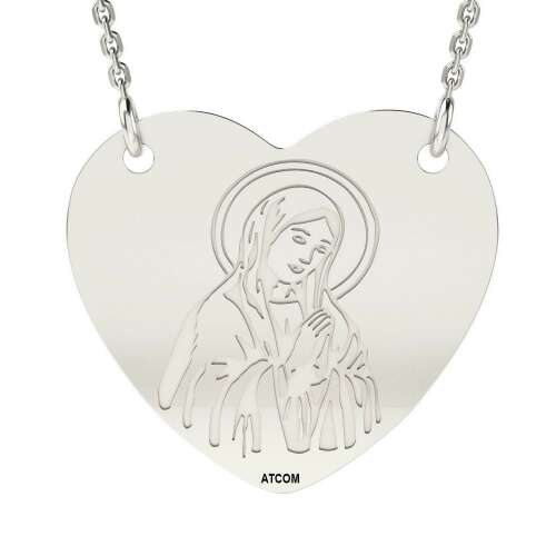 Silver heart pendant necklace with Virgin Mary image, Orthodox, 925 silver, ATCOM