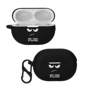 Husa din silicon negru pentru Huawei Freebuds Pro 2 cu o față amuzantă și textul 'Don't touch my headphones' și un carabiner - Kwmobile Accesorii pentru căști