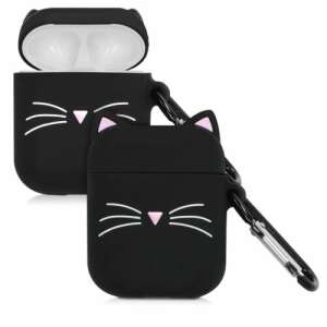 Czarne silikonowe etui Kwmobile z wzorem kota do Apple AirPods 2 i AirPods 1 - Zestaw słuchawkowy