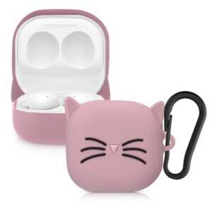 Pink silicone case with cat design for Samsung Galaxy Buds 2 and Buds Live, with a carabiner - Headset Accessory