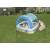 Bestway inflatable pool with canopy, 140 x 140 x 114 cm, featuring a sea life design and a blue canopy for sun protection, kids playing in the pool