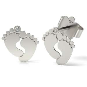 Silver baby feet earrings with a small diamond, 925 sterling silver - Women's Earring