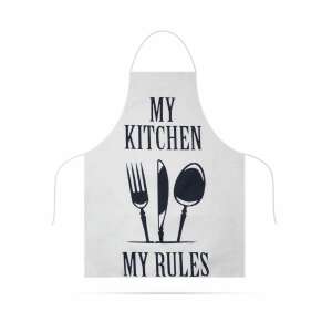 White kitchen apron with 'My kitchen, My rules' text and cutlery print - Apron