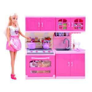 Pink plastic toy kitchen playset with doll, stove, sink, cabinets, and accessories - Nonbrand Baba