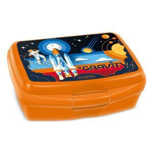 Ars Una Gravity Lunchbox, orangefarbene Kunststoff-Brotdose mit Weltraumdesign - Füttern