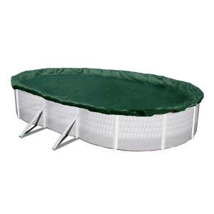 Green oval pool cover, 9x4.5m, for winterizing and protection from debris - Pool Cover
