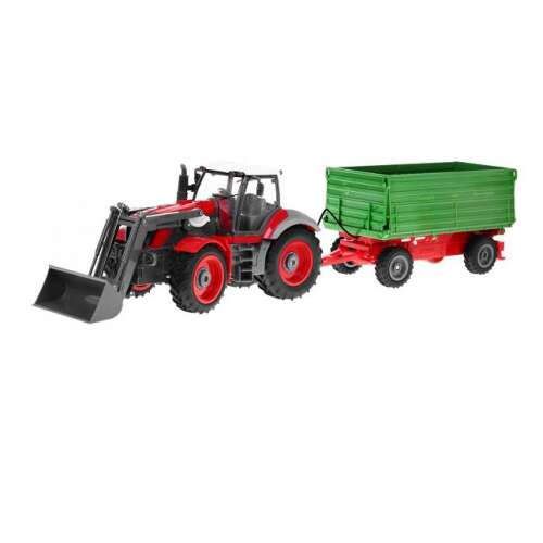 Távirányítós traktor piros színben, zöld pótkocsival