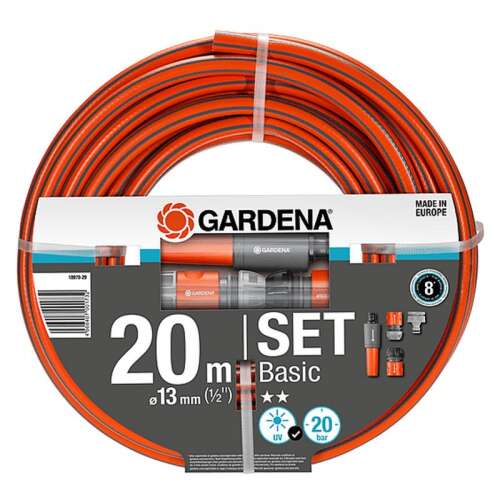 Gardena Basic Gartenschlauch-Set 20m 13mm (1/2") mit Hahnanschluss, Schlauchanschluss, Wasserstop und Düse