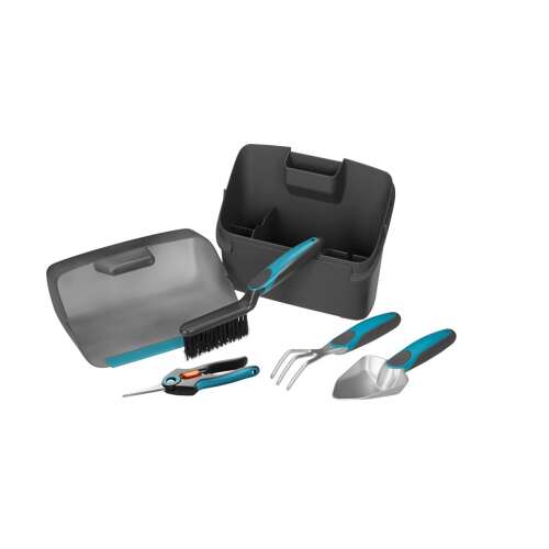 Set de unelte manuale Gardena CityGardening într-o cutie, inclusiv o lopată, un cultivator, o mătură manuală și foarfece de recoltare