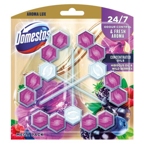 Domestos WC-frissítő blokk, Aroma Lux Hibiscus Oil & Wild berries, 3x55g, mega pack, toilet freshener, 24/7 odour control, concentrated oils