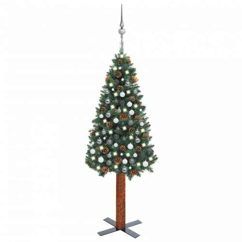 Zöld vékony PVC karácsonyfa LED-ekkel és gömbszettel 210 cm
