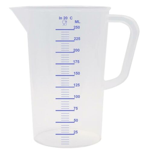 Pahar gradat din plastic PP de 250 ml cu mâner și marcaje albastre