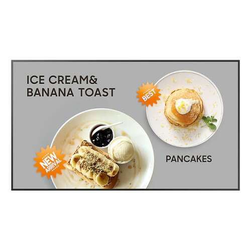 Samsung QM32C 32 inch Smart Signage display showing a menu with pancakes and ice cream & banana toast