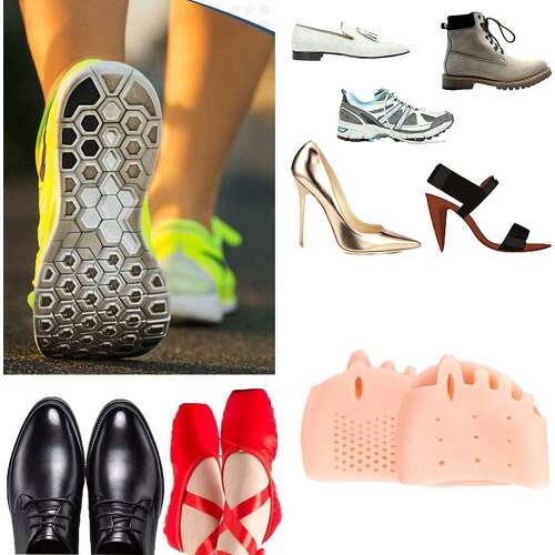 ASKSA lábujj pozíció korrigáló készlet, 2 db, hatékonyan véd, puha szilikon, univerzális méret, bézs, különféle cipőkön bemutatva