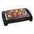 Clatronic BQ 2977 tabletop grill, black and silver, with grilled food on the grill