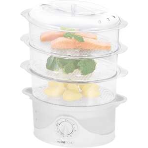 Clatronic DG 3665 weißer 3-stöckiger Dampfgarer mit Timer, zeigt Lachs, Brokkoli und Kartoffeln - Dampfgarer