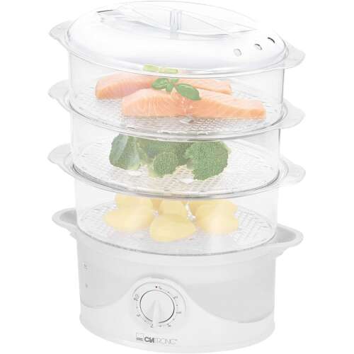 Clatronic DG 3665 weißer 3-stöckiger Dampfgarer mit Timer, zeigt Lachs, Brokkoli und Kartoffeln