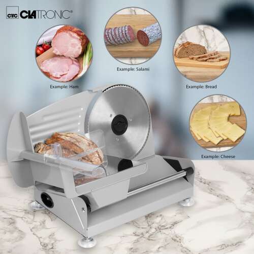 Clatronic MA 3585 electric meat slicer, slicing ham, salami, bread, and cheese