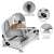 Clatronic MA 3585 electric meat slicer, silver, showing features: continuously adjustable cutting size, on/off switch, high stability due to suction feet