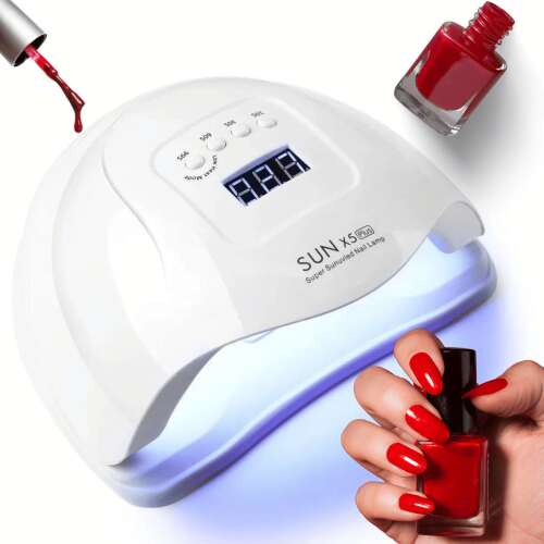 SUN X5 Plus UV/LED körömlámpa, kézzel a lámpa alatt, körömlakk üveg, és egy üveg körömlakk