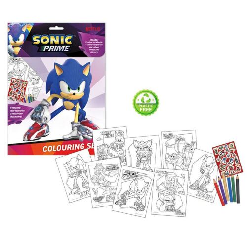 Sonic Prime coloring and sticker set featuring Sonic the Hedgehog and friends. Includes coloring pages, stickers, and colored pencils.