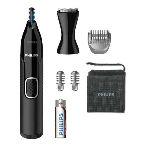 Philips Series 5000 Nose and Ear Trimmer, black, with accessories, including a travel pouch, battery, and trimming combs