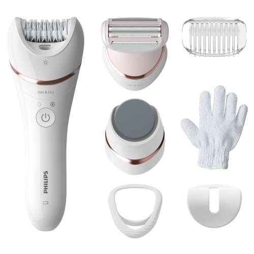 Philips Satinelle Advanced Epilator BRE730/10, biały, ze wszystkimi akcesoriami, w tym głowicą do depilacji, głowicą do golenia, szczotką peelingującą, głowicą do przycinania i rękawicą
