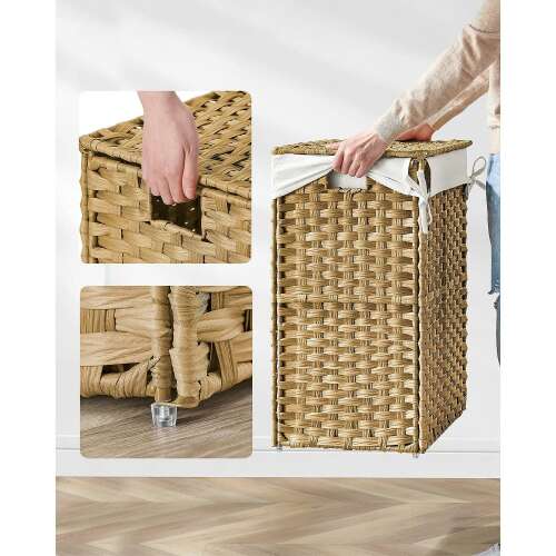 Ručne tkaný kôš na bielizeň s vekom a rukoväťami, syntetický ratan, objem 90L