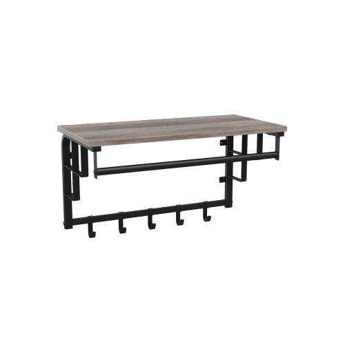 Zidni stalak za kapute s policom, šipkom za vješanje i 5 kuka, siva i crna završna obrada.