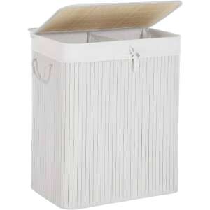 Fehér bambusz szennyeskosár fedéllel, 2 rekeszes, 25kg teherbírású - SONGMICS