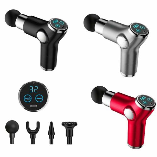 Mini pistolet do masażu KH-515 w kolorze czarnym, srebrnym i czerwonym z wymiennymi głowicami