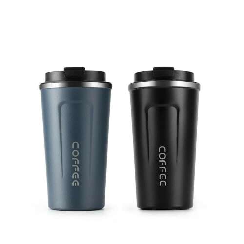 Пътуваща чаша Coffee, 510 ml, черна и синя, от неръждаема стомана, с двойни стени, поддържа напитките топли или студени