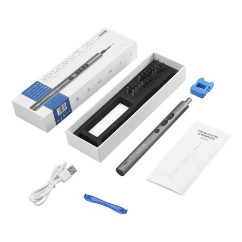 28 in 1 electric screwdriver kit with interchangeable bits, charging cable, magnetic tip remover, and plastic pry tool