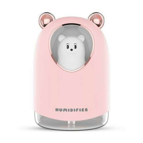Pink USB humidifier with bear design, 300ml capacity, color changing lights