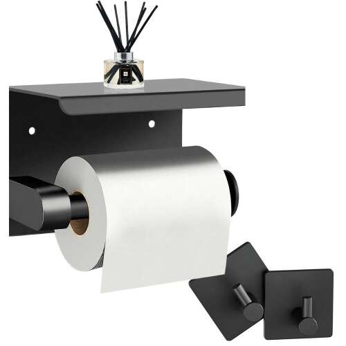 Čierny držiak na toaletný papier z nehrdzavejúcej ocele s poličkou a 2 háčikmi