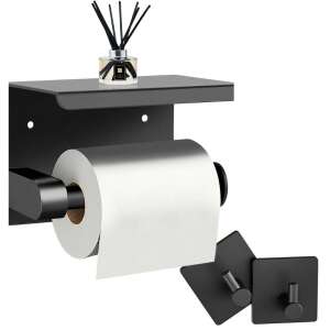 Black stainless steel toilet paper holder with shelf and 2 hooks - OEM