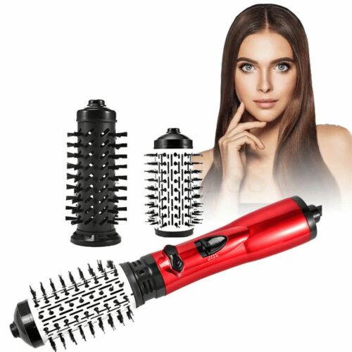 Rotating hot air brush with interchangeable heads and hair styling example