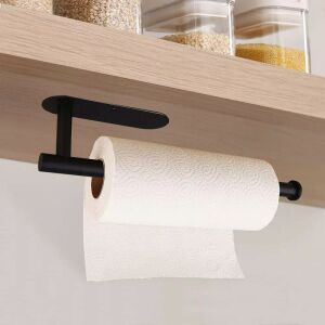 Black self-adhesive paper towel holder mounted under cabinet - Kitchen paper towel holder