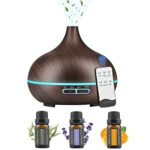 Fa mintázatú, sötétbarna aroma diffúzor és 4 részes Pulaiyi illóolaj szett