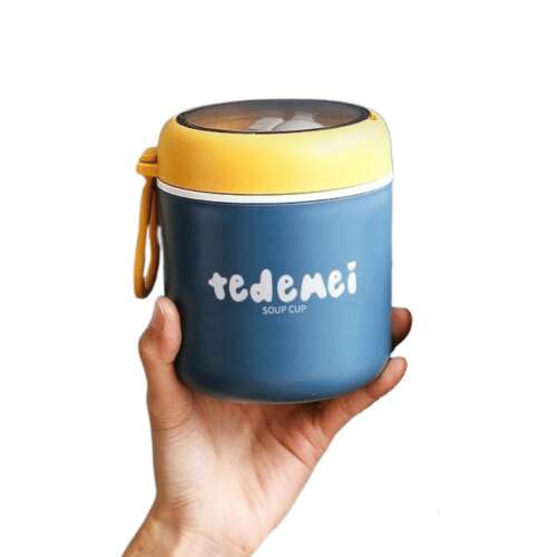 Tedemei Suppentasse, blaue und gelbe isolierte Lebensmittelbehälter mit klappbarem Löffel, 530 ml