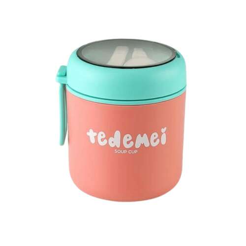 Tedemei pink and green stainless steel soup cup with built-in foldable spoon and handle