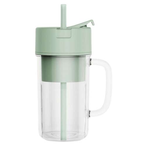 Green portable blender with a glass cup and a built-in straw