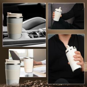 Collage of Best Taste white portable thermos in use - Thermos and Beverage Holder