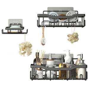 3-dielna sada poličiek do kúpeľne s háčikmi, čierna, samolepiaca, bez vŕtania, na šampón, mydlo, uteráky, hubky a ďalšie - Kúpeľňová policová jednotka