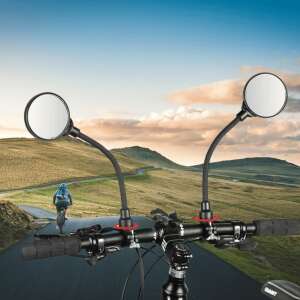 Pair of black bicycle rearview mirrors mounted on handlebars - OEM