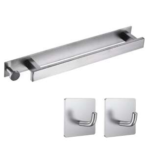 Stainless steel towel rack with 2 hooks, silver - Towel rack