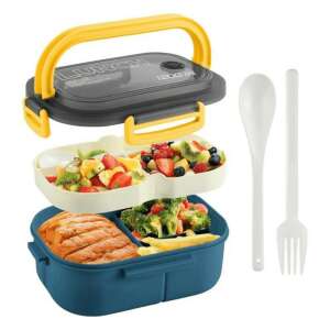 Blue and grey lunch box with yellow handle, divided compartments, spoon and fork, 1200 ml capacity - Food carrier